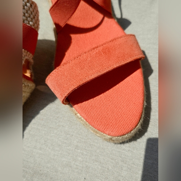 Maypol Spain Suede Coral Orange Wedges Sandals Elastic Bands Canvas Size 8.5 - Picture 5 of 7